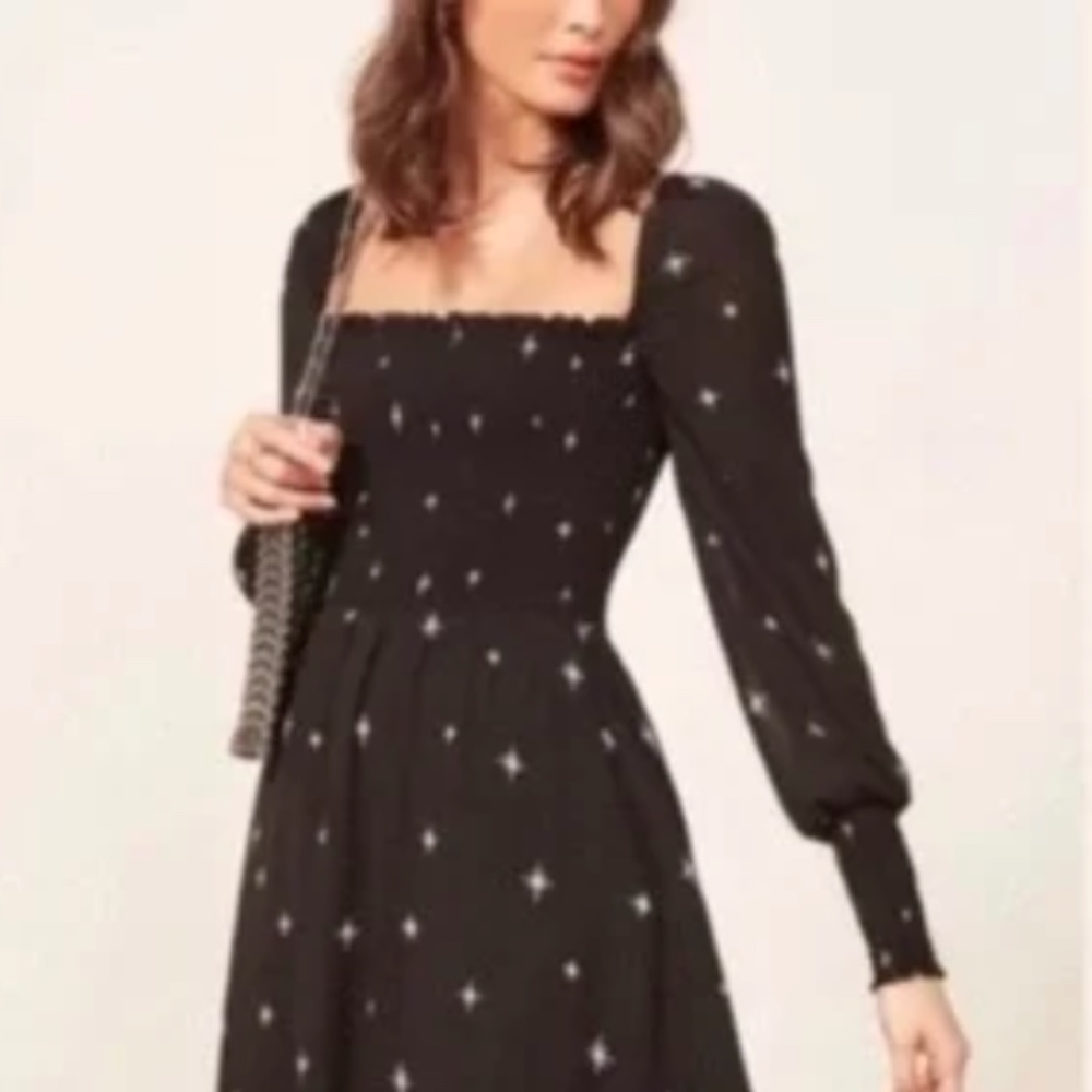Reformation Rowan Constellation Star Print Square Neck Black Midi Dress Size S